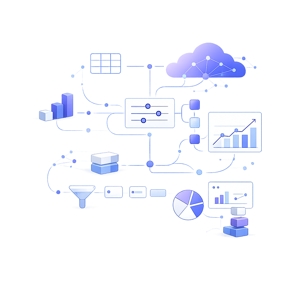 Ilustración de un flujo de procesamiento, análisis y visualización de datos